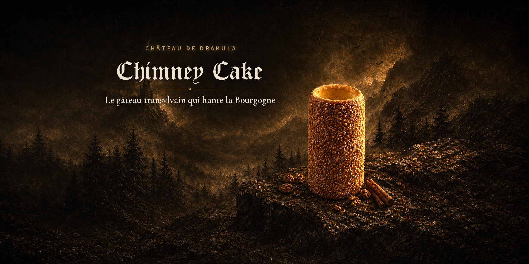 Affiche titrée : Chimney Cake en lettres gothiques sur le paysage nocturne
