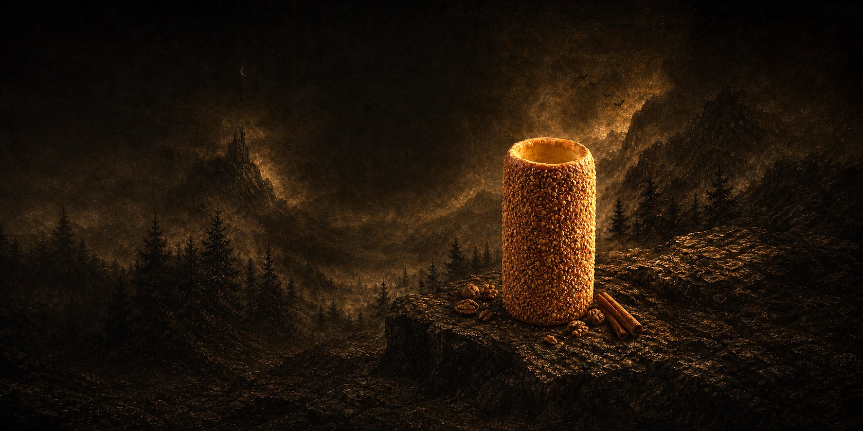 Affiche paysage : gâteau à la broche dans un paysage nocturne gravé